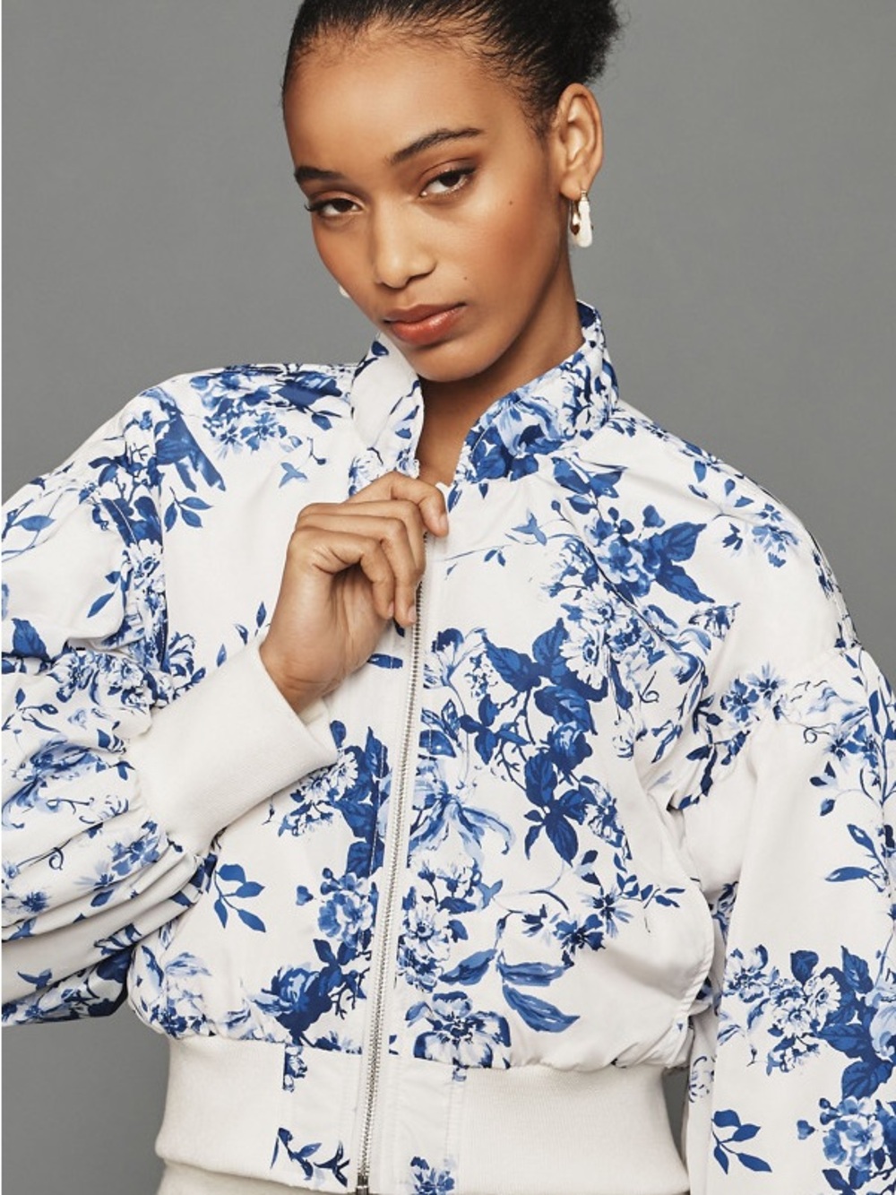 NWT Anthropologie White Bomber Jacket with Blue Floral Print